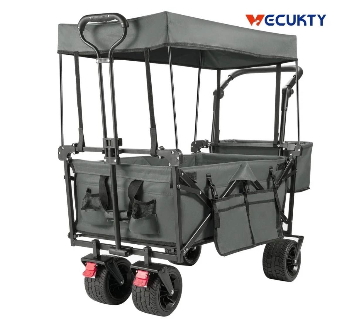 VECUKTY Collapsible Garden Wagon Cart with Removable Canopy Gray