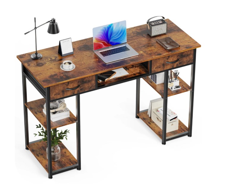 edx Small Desk Fabric Drawers & Storage Shelves, Home Office Computer Desk, Writing Desk Small Space Desk Study Table for Home, Bedroom, 48 Inch, Brown Rust