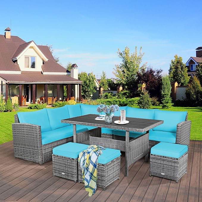 COSTWAY 7 PCS Wicker Outdoor Conversation Set, Patio Sectional Furniture Sofa Set with Table & Seat Cushions, Rattan Furniture Sets for Backyard Garden Poolside Porch, Navy