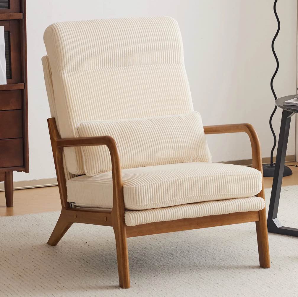 Ktaxon Mid Century Modern Accent Chair, Corduroy Armchair, High Back Single Sofa with Solid Wood Frame Beige
