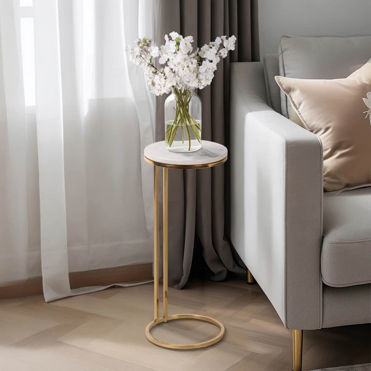 Herbin Accent Table Stone and Iron Marble Top 10"x10"x24" White and Gold Modern Home Office Bedroom Living Room Use