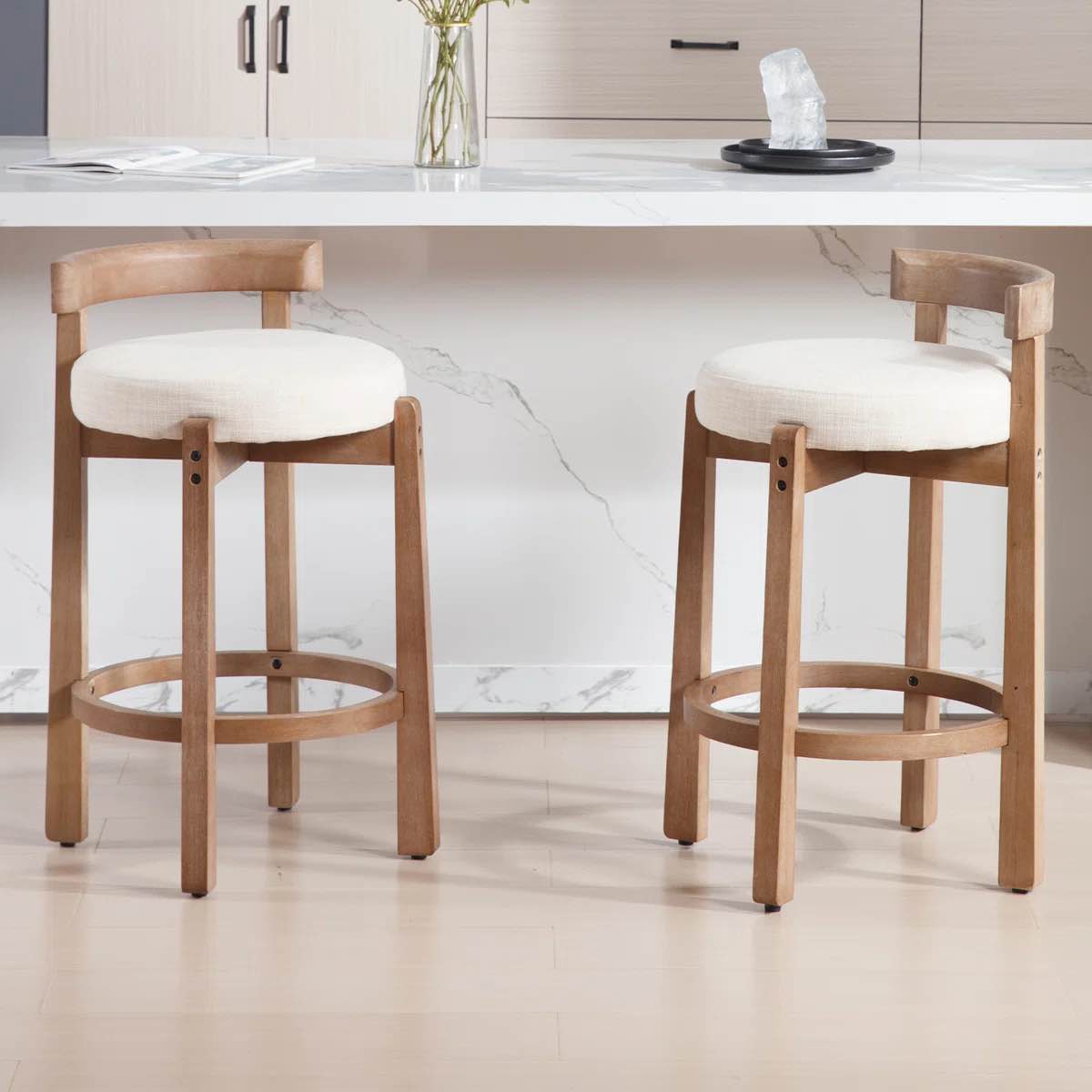 Clayt Mid Century Modern Bar Stools 26.5" Counter Stools  Upholstered Barstools with Solid Back and Wood Legs Bar Chairs for Kitchen Island Dining Room