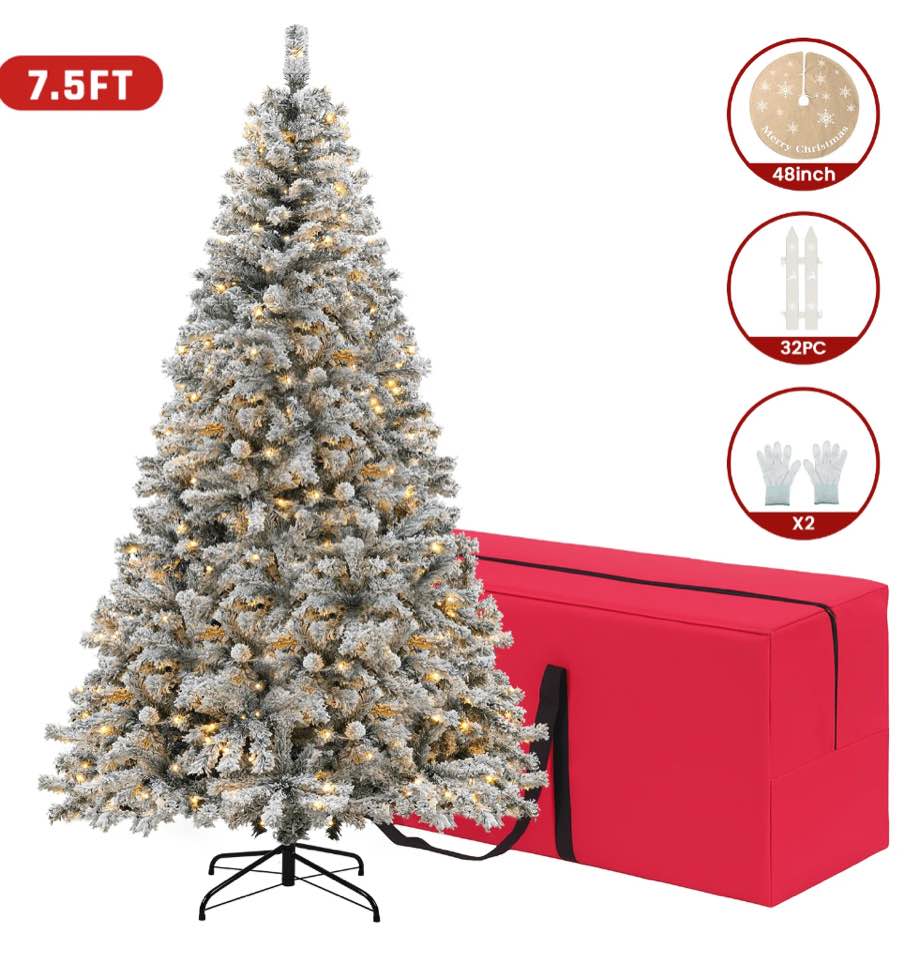 VAVSEA 7.5ft Pre Lit Snow Flocked Christmas Tree with Storage Bag, Fence, Tree Skirt, Hinged Artificial Xmas Tree with 350 Warm White Lights, 1200 Tips for Holiday Home Office Decoration