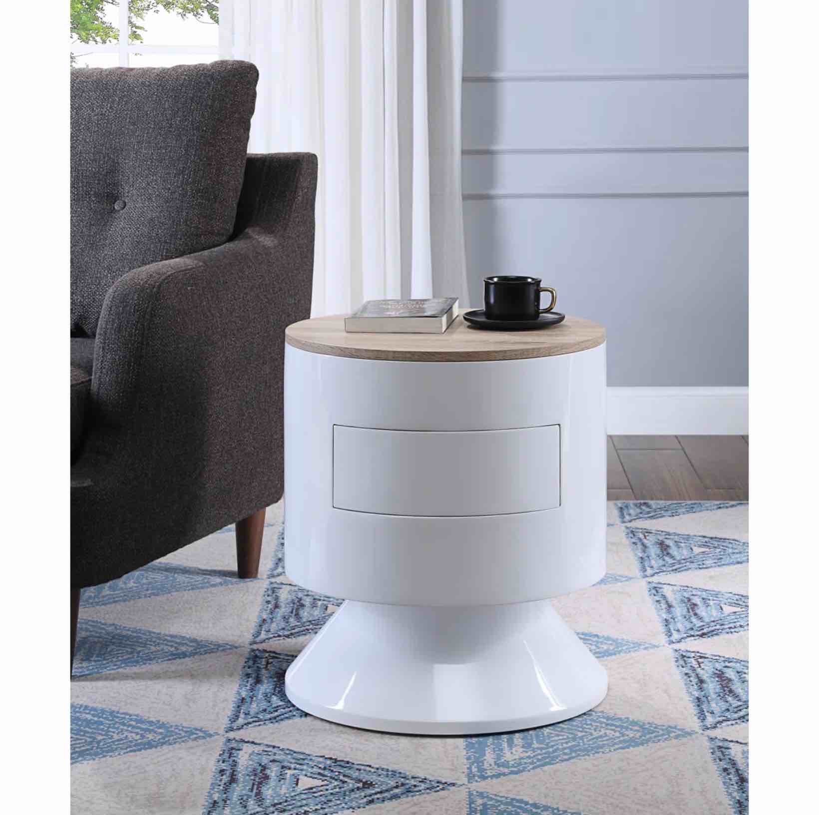 Brayson Round End Table with Wooden Top & Storage Drawer