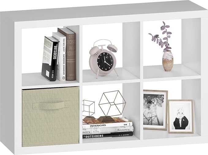 6 Cube Organizer, White Cube Storage Organizer with Fabric Bin, Cube Storage Shelf for Bedroom, Living Room, Office, Modular Bookshelf Organizer for Books, Closet