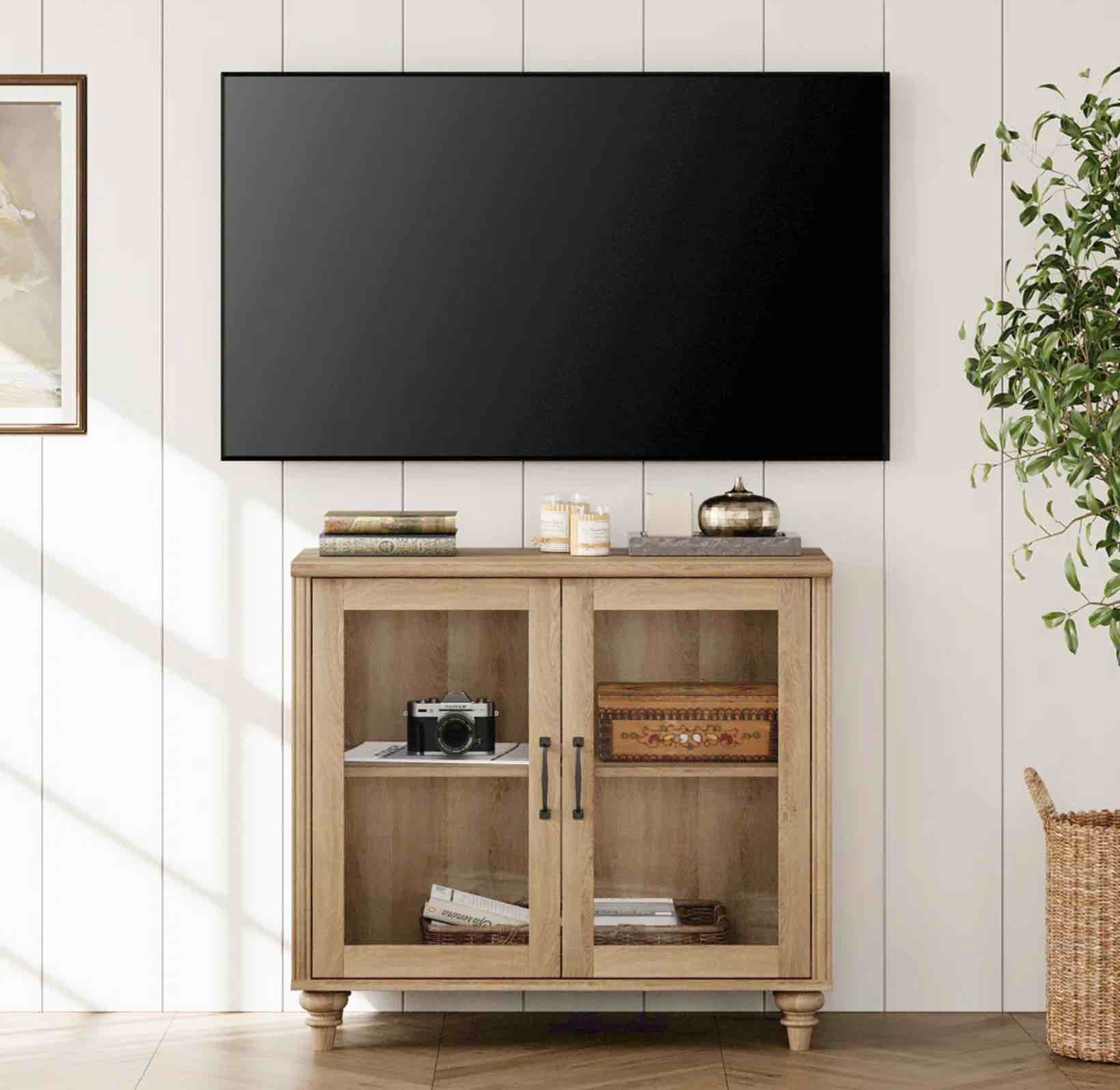 Scarlett TV Stand For 43-Inch TV, Wooden Console Table With Storage Cabinet For Living Room, Kitchen Sideboard Buffet With Glass Doors For Dining Room