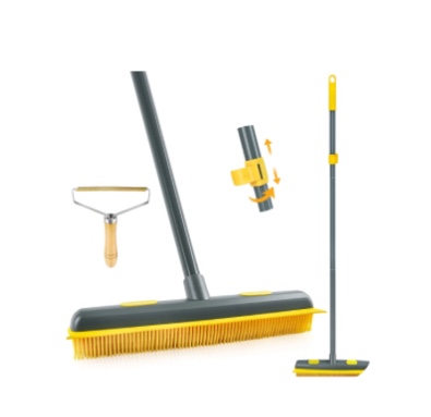 newe rubber pet hair removal broom with lint fur remover tool, 57.5 inches long handle silicone carpet brush rake with built-in squeegee for cleaning rug, tile, floor (gray yellow)