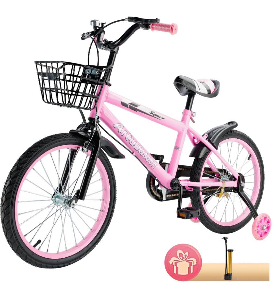 artudatech 14/16/18 inch kids bike for ages 3-10 years old boys girls, kid's bikes with training wheels, basket, dual brake, children bicycle for kids and toddler beginners, pink