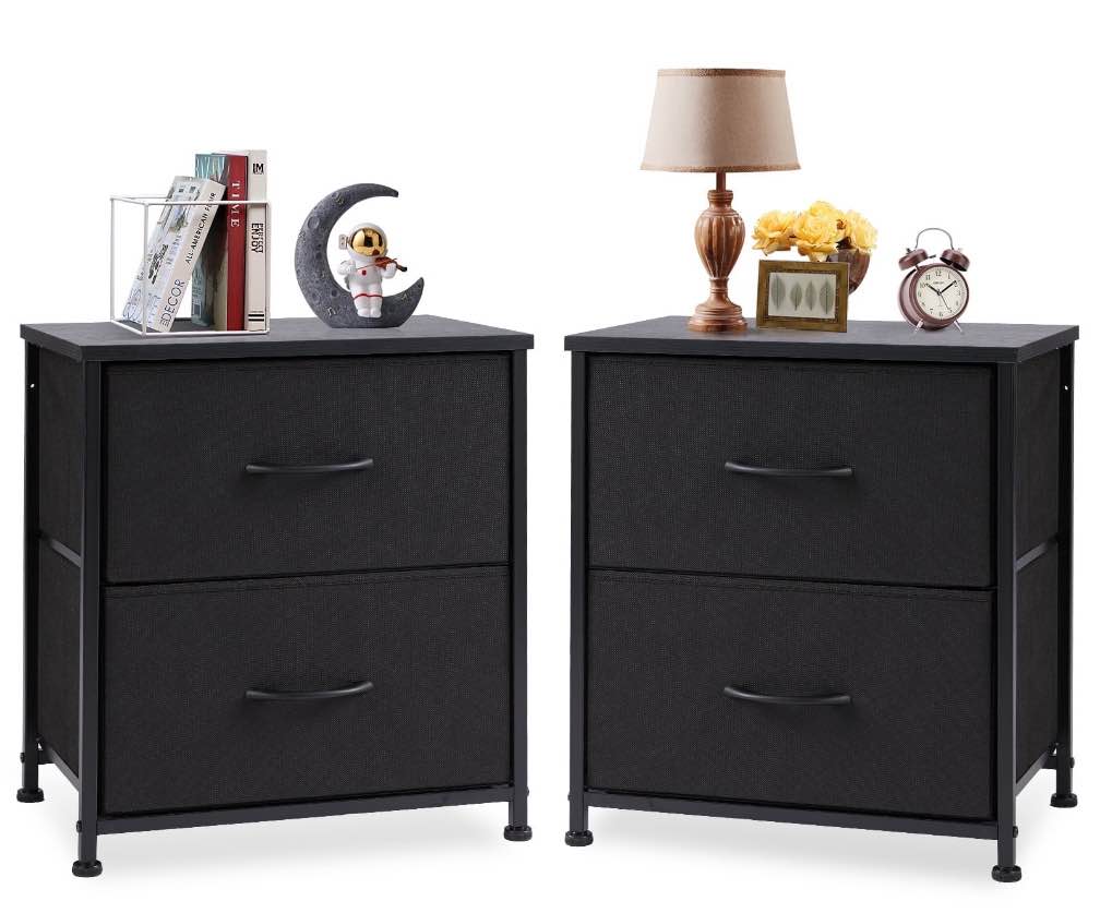 edx nightstand set of 2, end table side table with 2 fabric drawers bedside table for bedroom, closet, dorm black