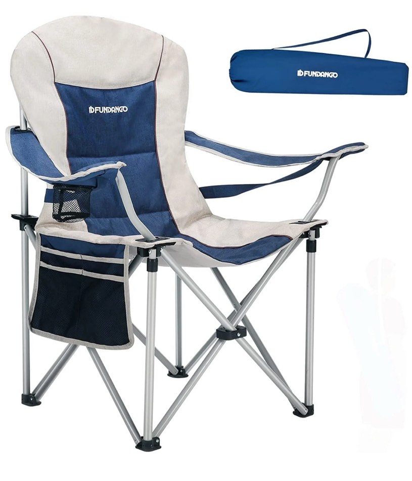 fundango oversized padded folding camping chairs with lumbar support, 300 lbs capacity, perfect for outdoors, fishing & sports
