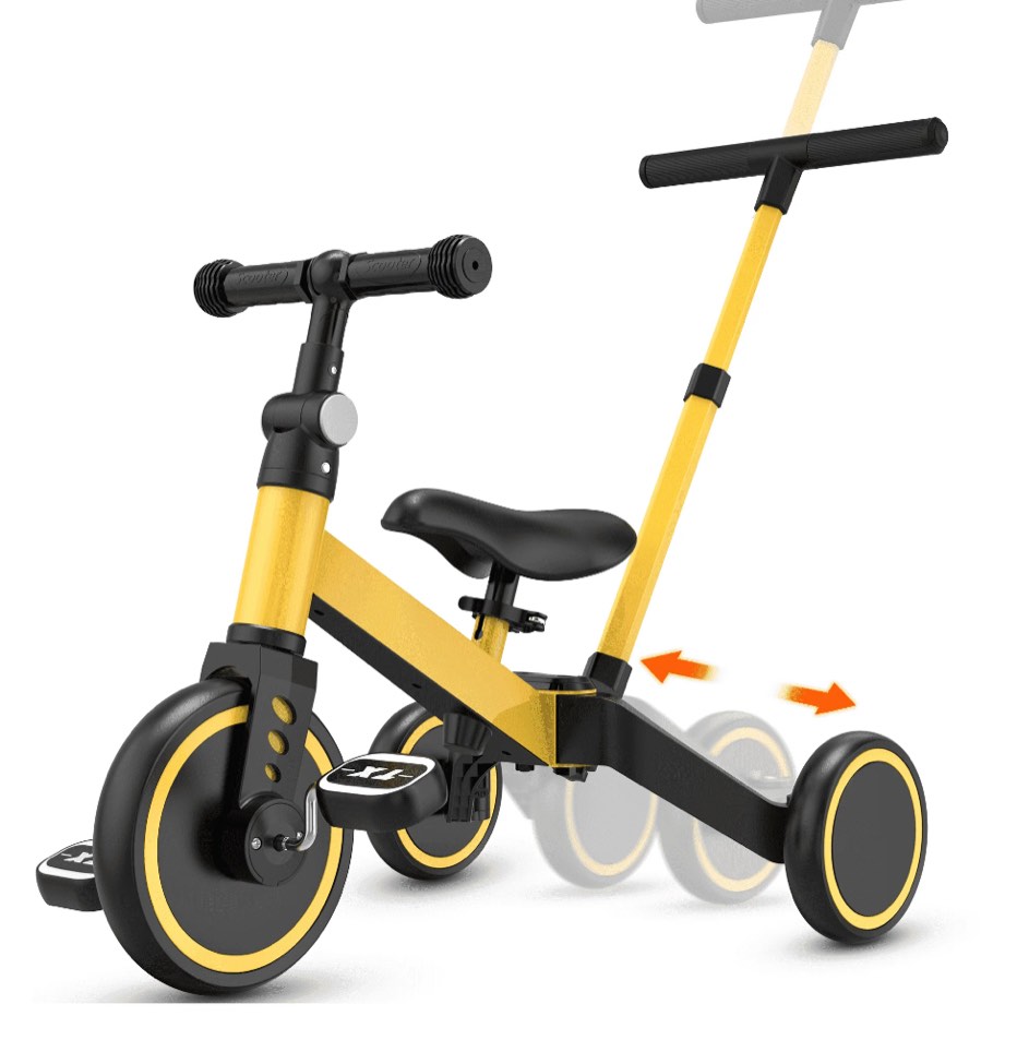 tntants 4 in 1 toddler bike, kids tricycle for 1-5 years old, toddler tricycle for boy girl, baby balance bike with parent steering push handle, removable pedal, adjustable seat yellow