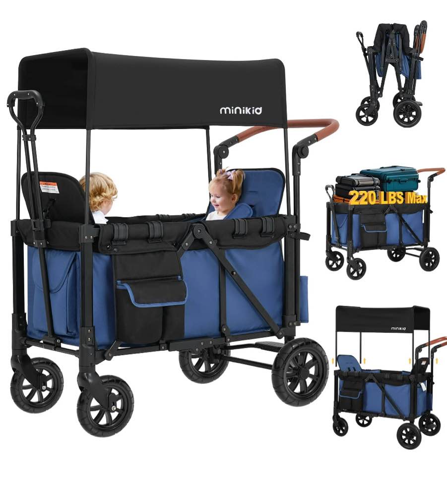 Minikid 2-in-1 Wagon Stroller with Adjustable Canopy, Rain Cover, Mosquito Net, Blue