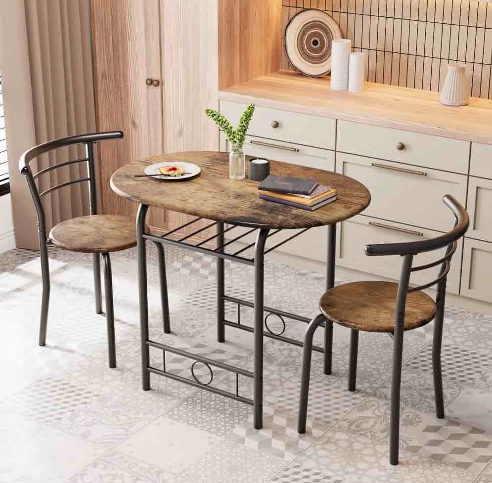 Homall 3 Piece Wood and Metal Dining set, Small dining table for 2 ,for Living Room, Dining Room, Kitchen, Brown