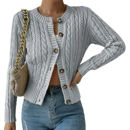 Cardigans Sweaters for Women Fall Fashion Cable Knit Sweater Crew Neck Button Down Winter Chunky Sweaters Outerwear Coats Alsol Lamesa