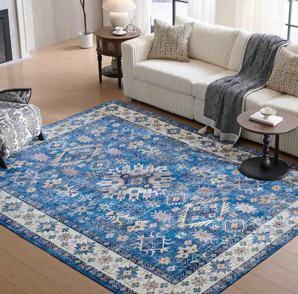 Cocosity 8x10 Distressed Floral Pattern Area Rugs for Living Room, Bedroom, Dining Room Blue