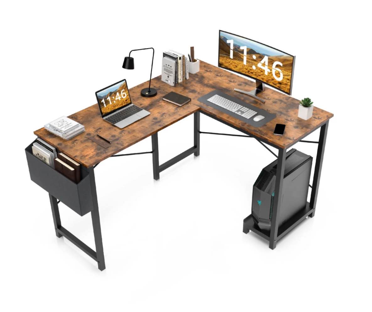 CONCETTA L Shaped Computer Desk with Wooden Desktop CPU Stand Side Bag Reversible, Rustic Brown