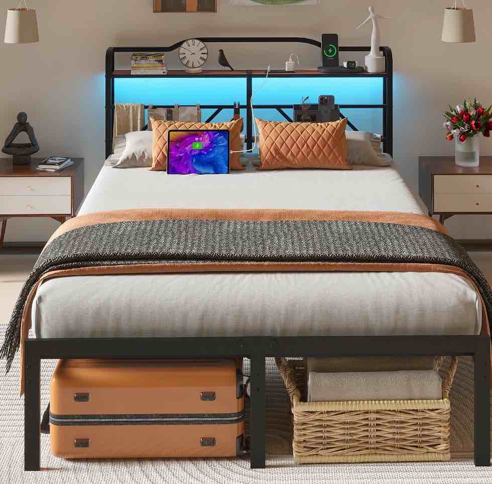 NISIEN Queen Size Bed Frame with LED Storage Headboard & Charging Station, Metal Platform Bed, Black