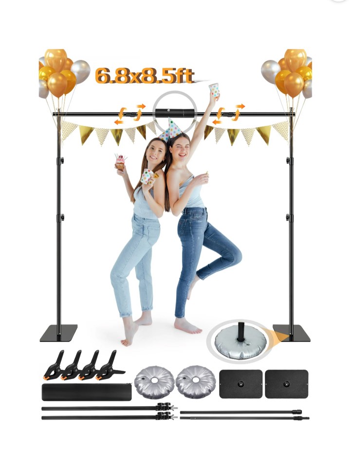 RELOIVE Heavy Duty Backdrop Stand 6.8x8.5 ft ,Adjustable Photo Backdrop Stand Kit with Steel Base with Water Weight Bags for Photography,Birthday Parties Video Studio - Black