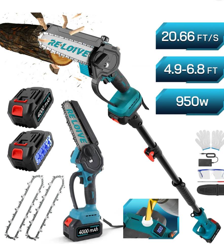RELOIVE 2-in-1 Cordless Pole Saw & 6" Mini Chainsaw, 4.9-6.8FT Telescoping Branch Cutter with 2PCS 4000mAh Batteries and a Charger, Brushless Pole Saw for Tree Trimming, Wood Cutting