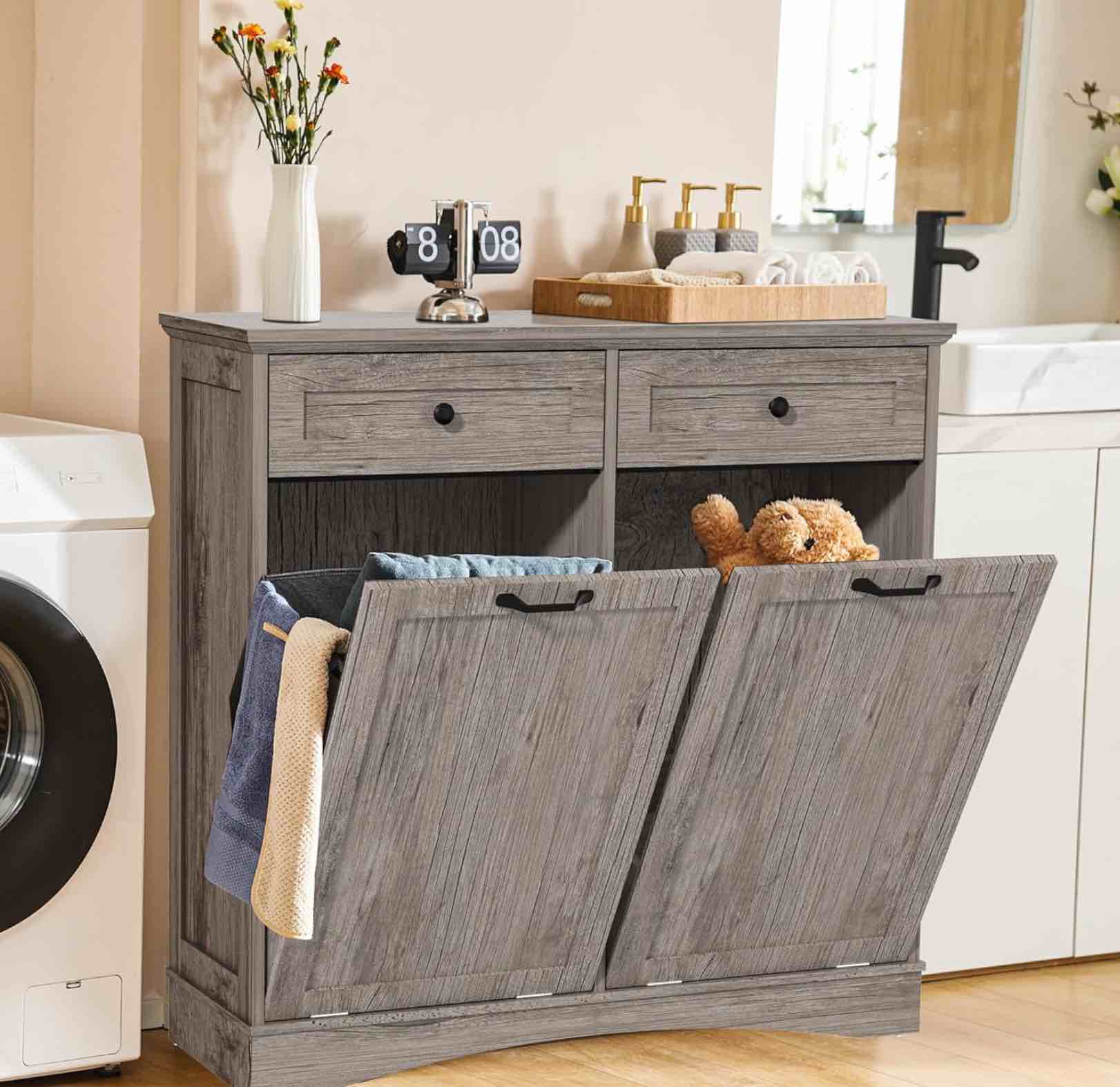 Double Tilt Out Trash Cabinet Freestanding Wooden Garbage Can Cabinet with Hideaway Drawers, 2x13 Gallons Pet Proof Garbage Can Holder for Kitchen Living Room, Grey