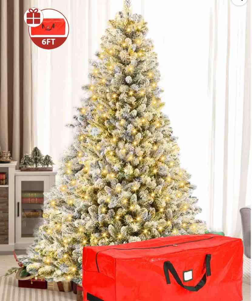 iznen 6ft pre-lit snowflake flocked christmas tree,8 modes led lights,artificial xmas tree with storage bag