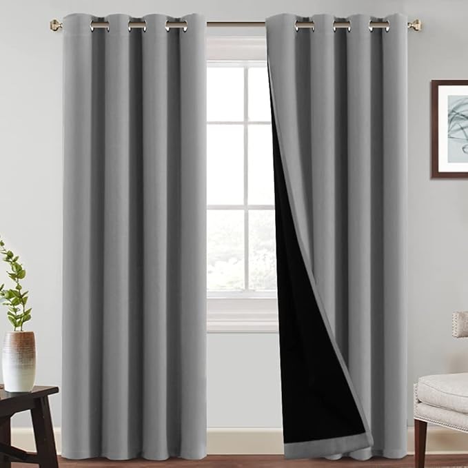 100% Blackout Window Curtain Panels, Heat and Cold Blocking Drapes with Black Liner for Nursery, 84 inches Thermal Insulated Draperies for Bedroom/Living Room, 2 Packs, Maxwell Grey