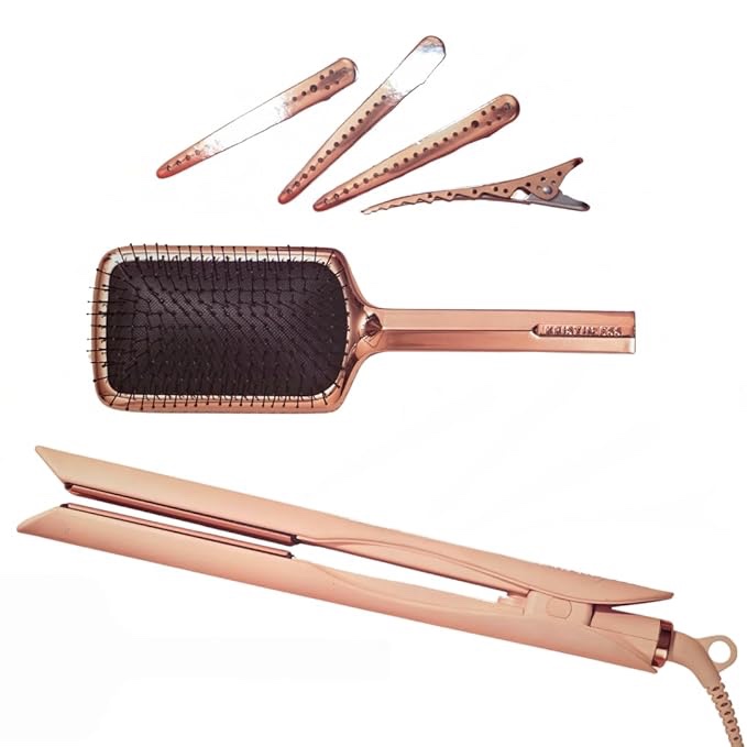 Kristin Ess Hair Signature Styling Gift Set 3-in-1 Ceramic Flat Iron Bundle, Flat Iron + Detangling Brush + Secitioning Clips