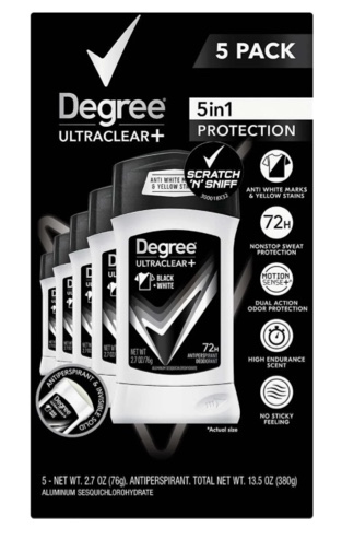 degree men ultraclear+ antiperspirant deodorant, black & white, 2.7 oz, 5-pack