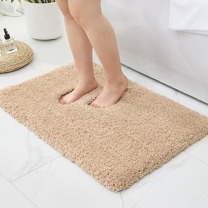 ilango beige bathroom rugs 24" × 17" small non slip & super absorbent extra thick soft, washable bat