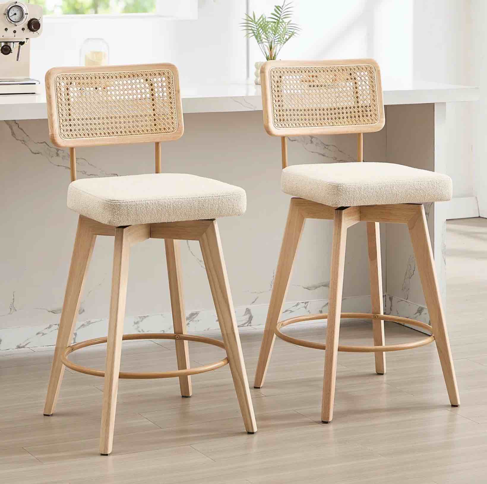 25.8"H Solid Wood Backless Counter Stool With Natural Rattan Seat