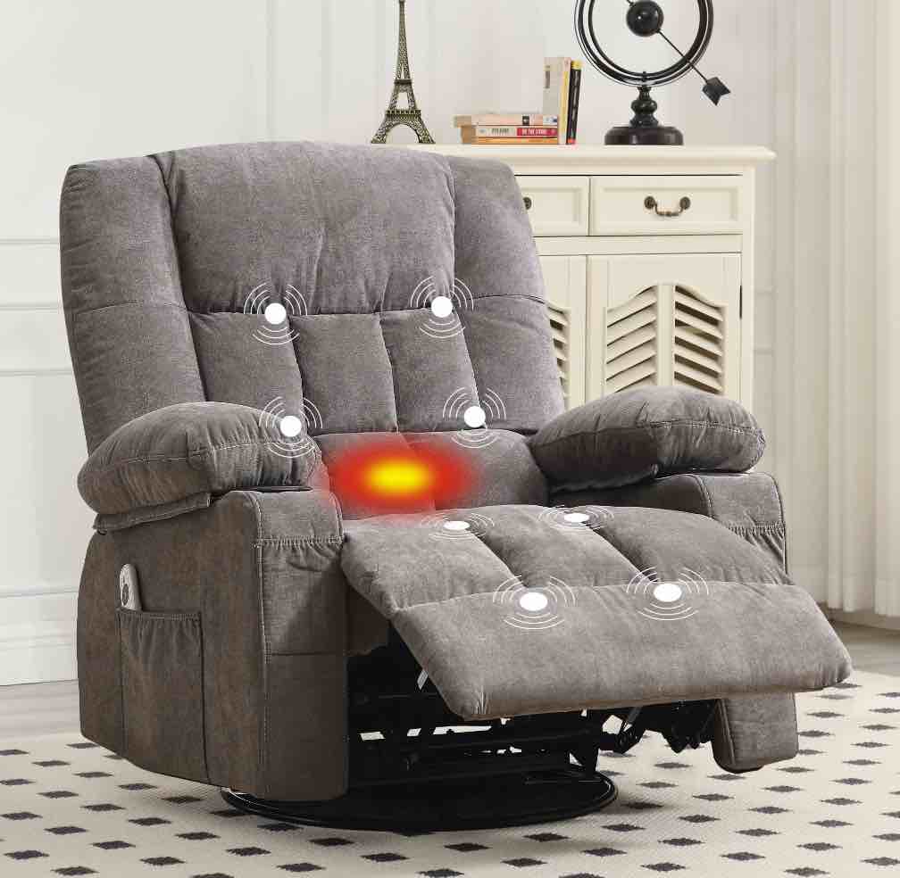 jonpony massage swivel rocker recliner chair with vibration massage and heat ergonomic lounge chair for living room with rocking function and side pocket, 2 cup holders, usb charge port,grey