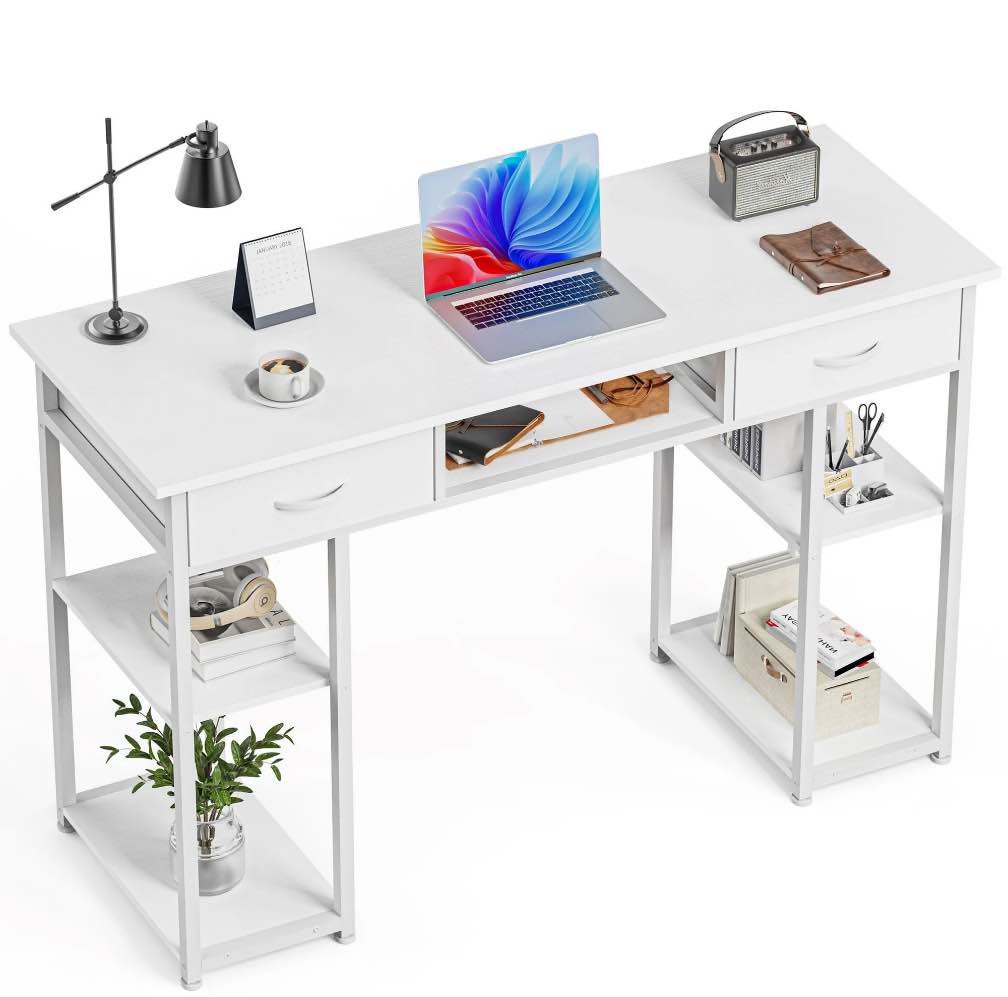 edx small desk fabric drawers & storage shelves, home office computer desk, writing desk small space desk study table for home, bedroom, 48 inch, white