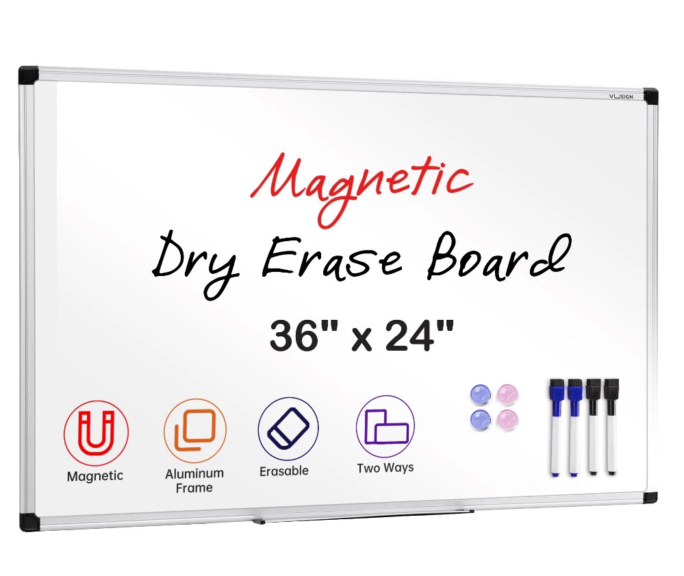 vusign magnetic dry erase whiteboard, 36 x 24 inches, wall mounted with pen tray, silver aluminium frame