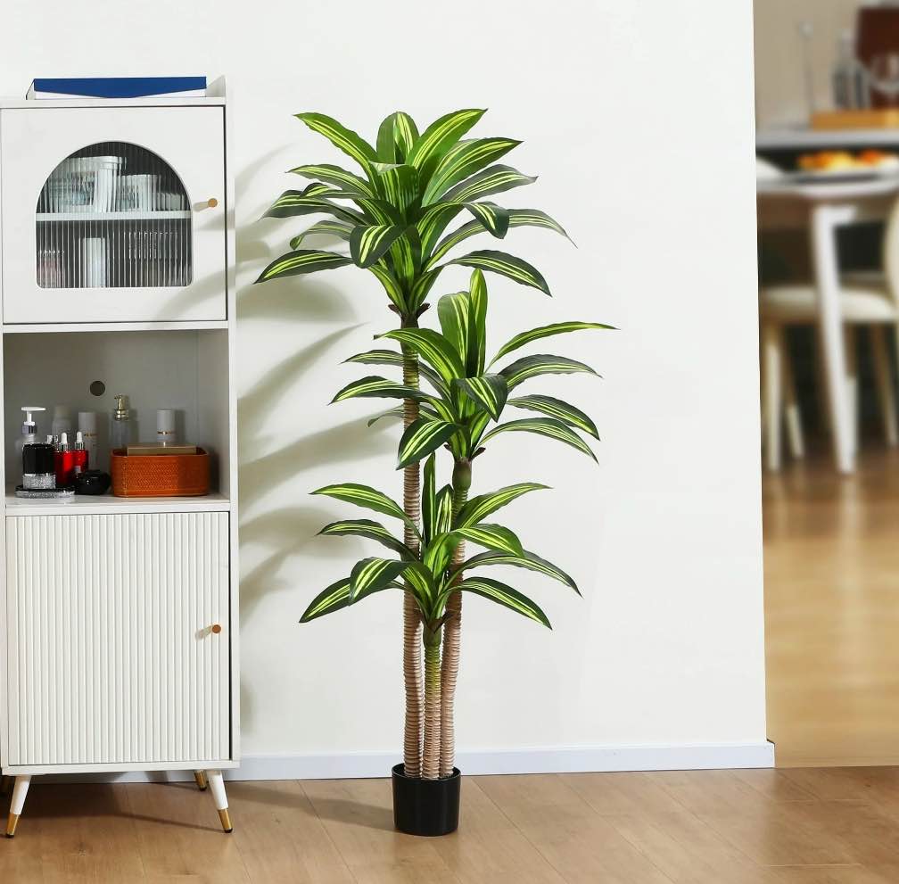 artificial plants, 5ft fake dracaena tree in black plastic pot, faux plants indoor outdoor decor, silk plants for home decor office porch patio perfect housewarming gift