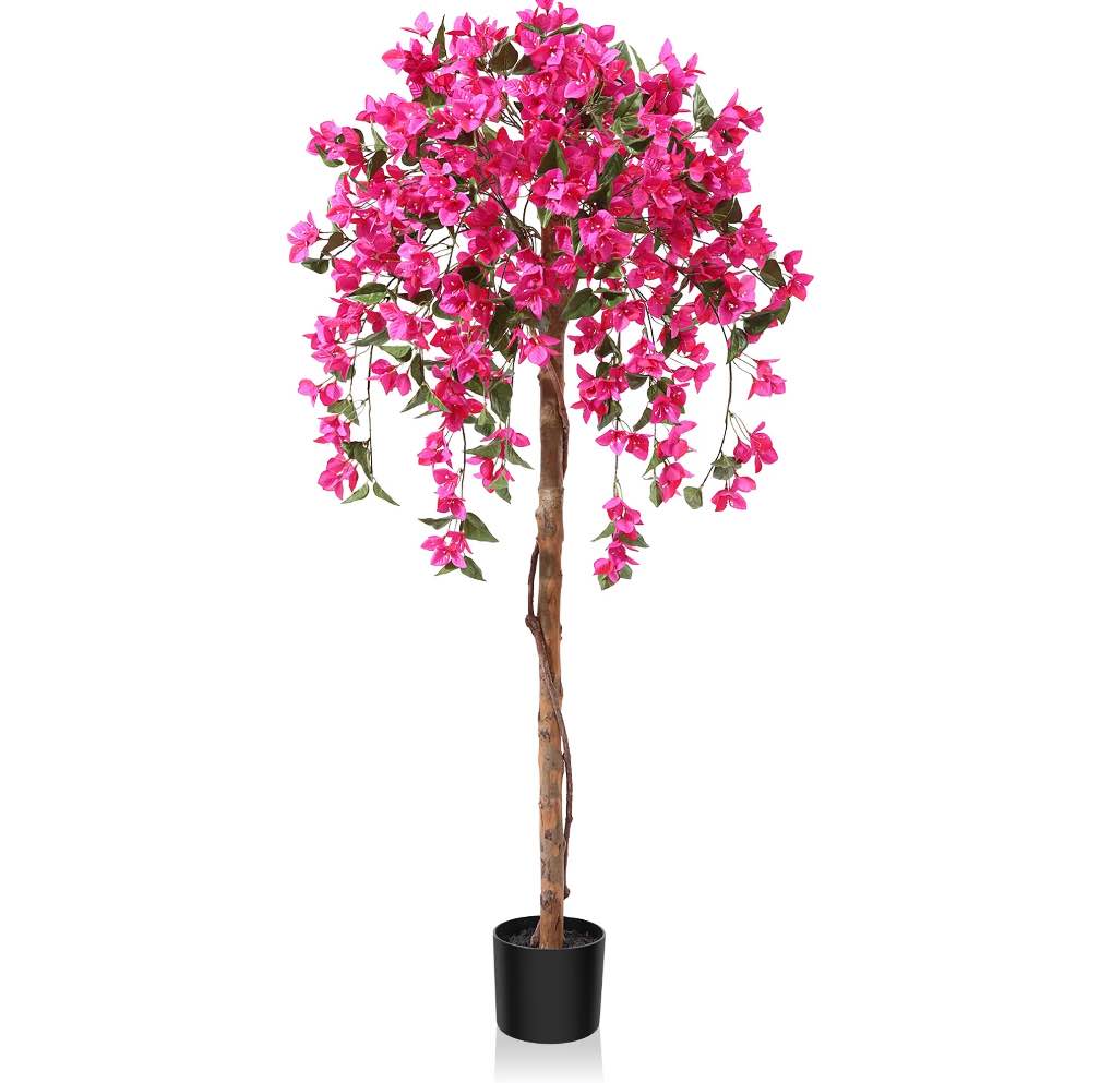 dr.planzen 5 feet artificial bougainvillea flowers tree in black plastic pot, indoor plants with wood trunk and pink flowers for housewarming decor