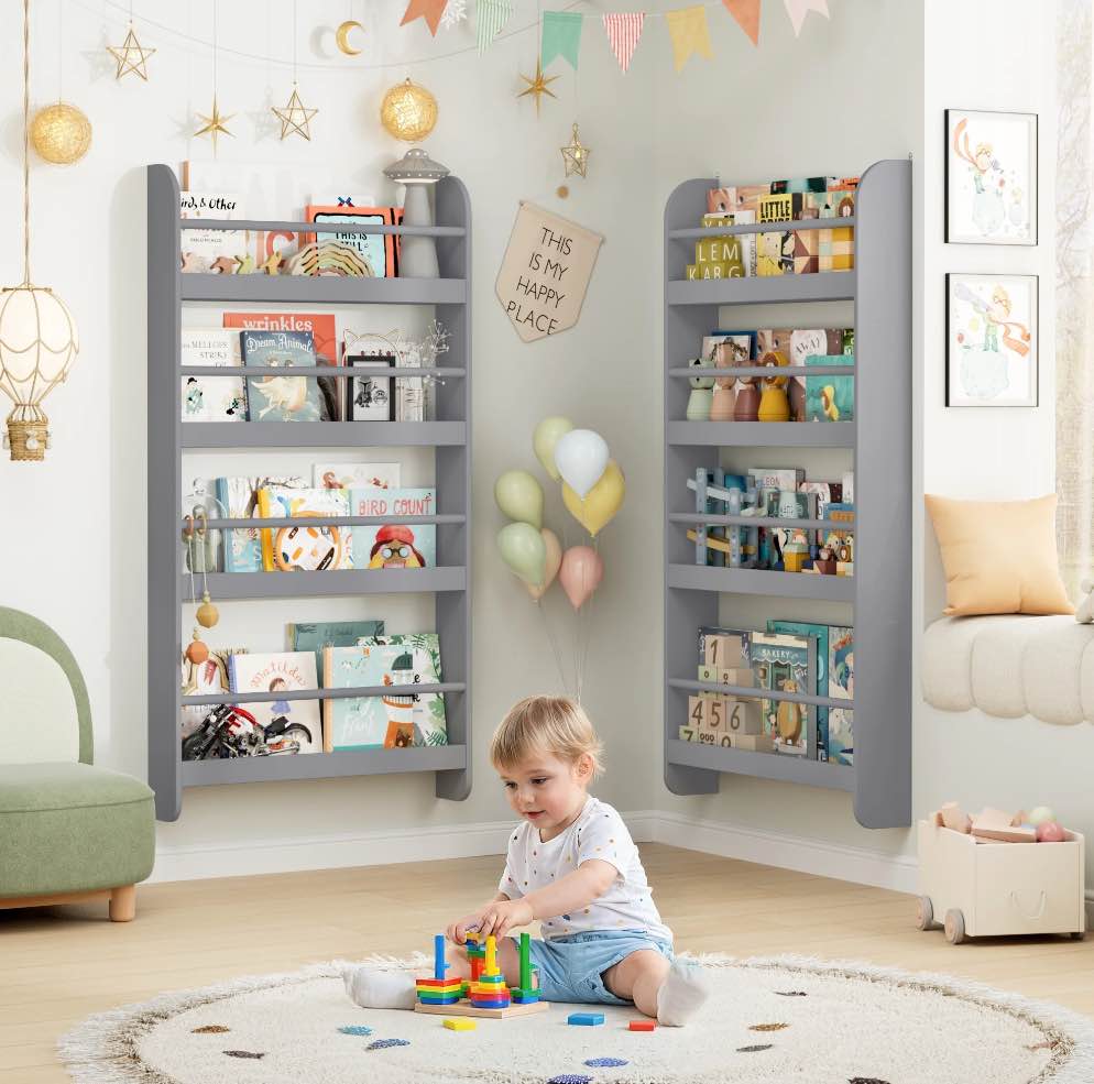 homfa 4-tier wall bookshelf set of 2, 43.7"h wall-mounted kids bookshelf, book storage rack for kids room, gray