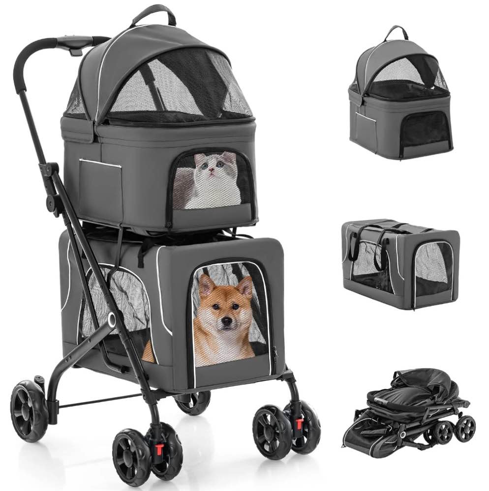 Double Dog Stroller for 2 Dogs, Detachable Carriers, Safety Belt, 4 Lockable Wheels, Pet Travel Carrier Strolling Cart, Folding Cat Stroller for Small Medium Pets Dogs (Gray)