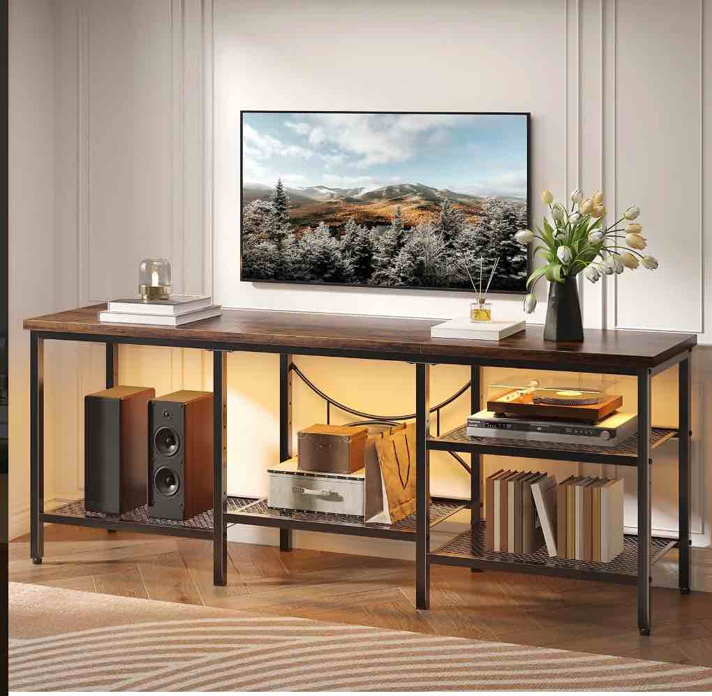 Pinmoco 63" TV Stand for TVs up to 70 Inch, LED Light Entertainment Center with Open Storage Shelves, TV Media Console Table for Living Room, Bedroom, Rustic