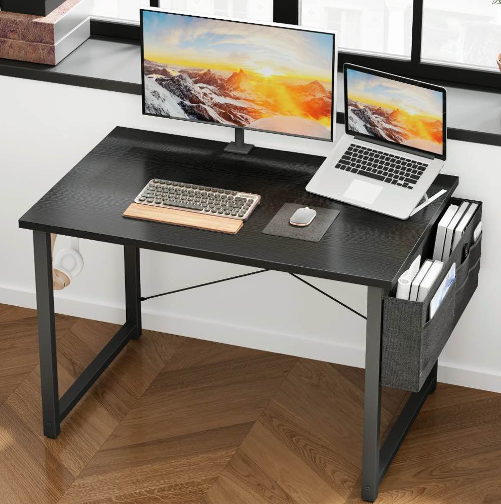 Casacomoda Computer Writing Desk 40 inch, Sturdy Home Office Table, Work Desk with a Storage Bag and Headphone Hook, Black