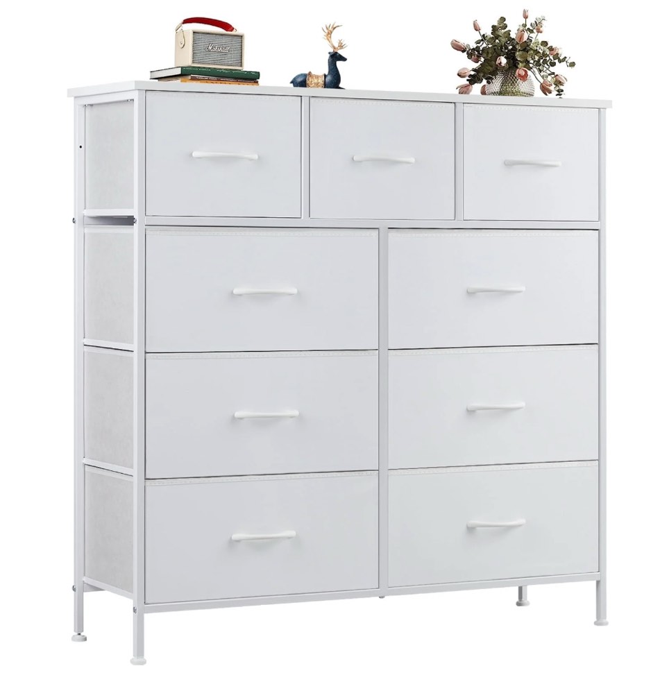 ZUNMOS Fabric Storage Dresser with 9 Drawers, Steel Frame and Wooden Top for Bedroom, Closet and Entryway , White