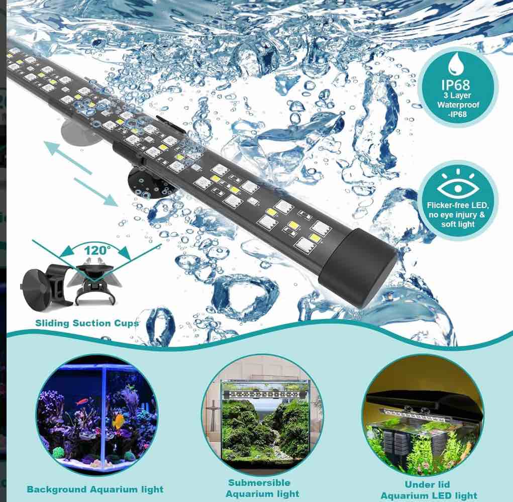 Submersible Aquarium Light for 28 to 54 Inch Fish Tank, 24/7 Cycle Fish Tank Light with Timer, Aquarium Plant Light with Full Spectrum+7 Single Colors, Auto On/Off, Adjustable Brightness