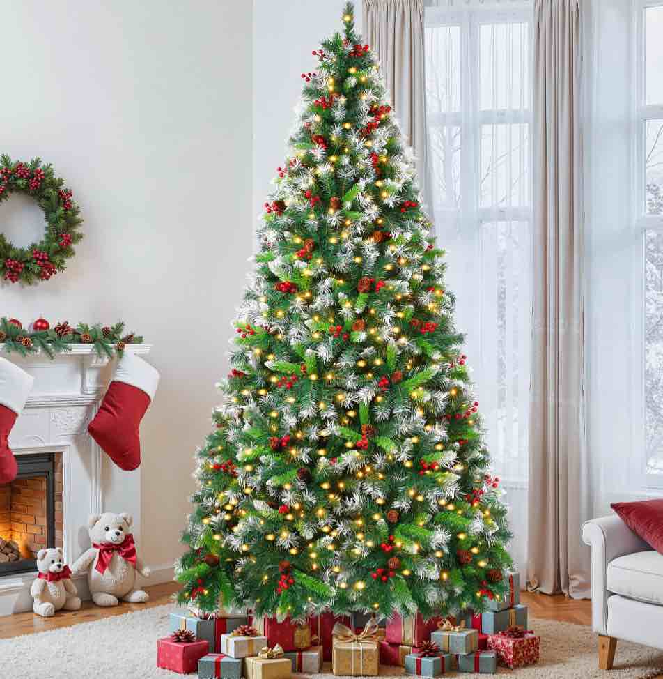 firstness 6ft pre-lit artificial christmas tree with 1000 branch tips 300 led lights,pine cones + red berries,metal stand hinged xmas tree