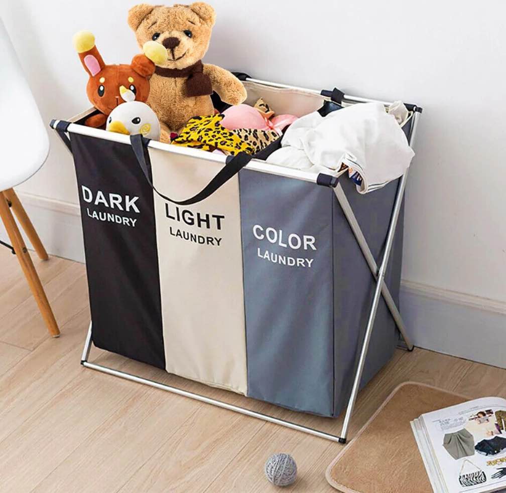 3 Compartment Canvas Laundry Hamper Sorter Basket Three Lattice Storage DARK & LIGHT & COLOR