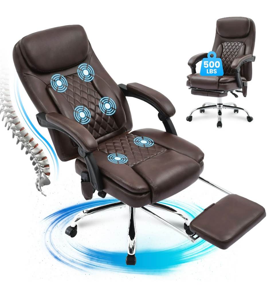 JONPONY Big and Tall Office Chair 500LBS Executive Office Chair Massage and Footrest Ergonomic Computer Desk Chair Reclining High Back Leather Office Chair Lumbar Back Support Swivel Rolling,Brown