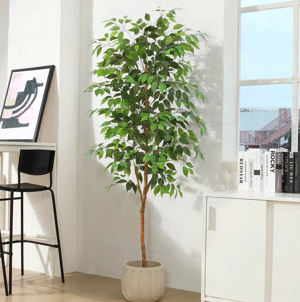 6FT Artificial Ficus Tree with Natural Wood Trunk and Lifelike Leaves Silk Fake Potted Tree with Wood Branches Faux Tree for Office Home Decor