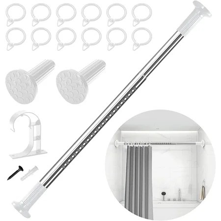 VEGCOO Tension Curtain Rod Adjustable Closet Tension Rod Rust-free No Drilling Shower Curtain Rod Anti-slip Spring Steel Rod for Bathroom (51-168 In