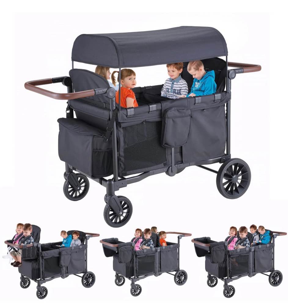 SACVON Toddler Stroller Wagon for 4 Kids with Cooler Bag,Parent Organizer,5-Point Harnesses,Black