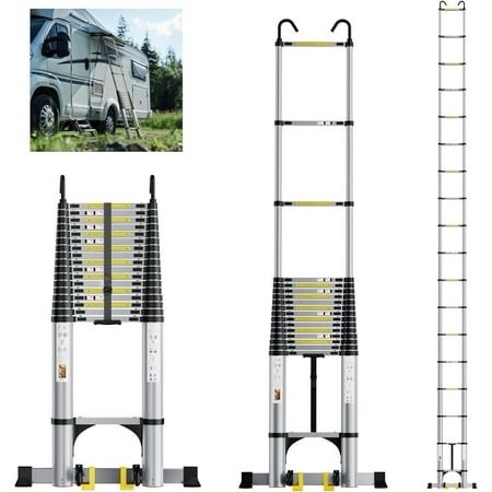 EvaStar Home 26.2FT Telescoping Ladder Aluminum Lightweight Extension Ladder W/Triangle Stabilizer Stabilizer Bar & Wheels 330lbs Capacity Collapsi