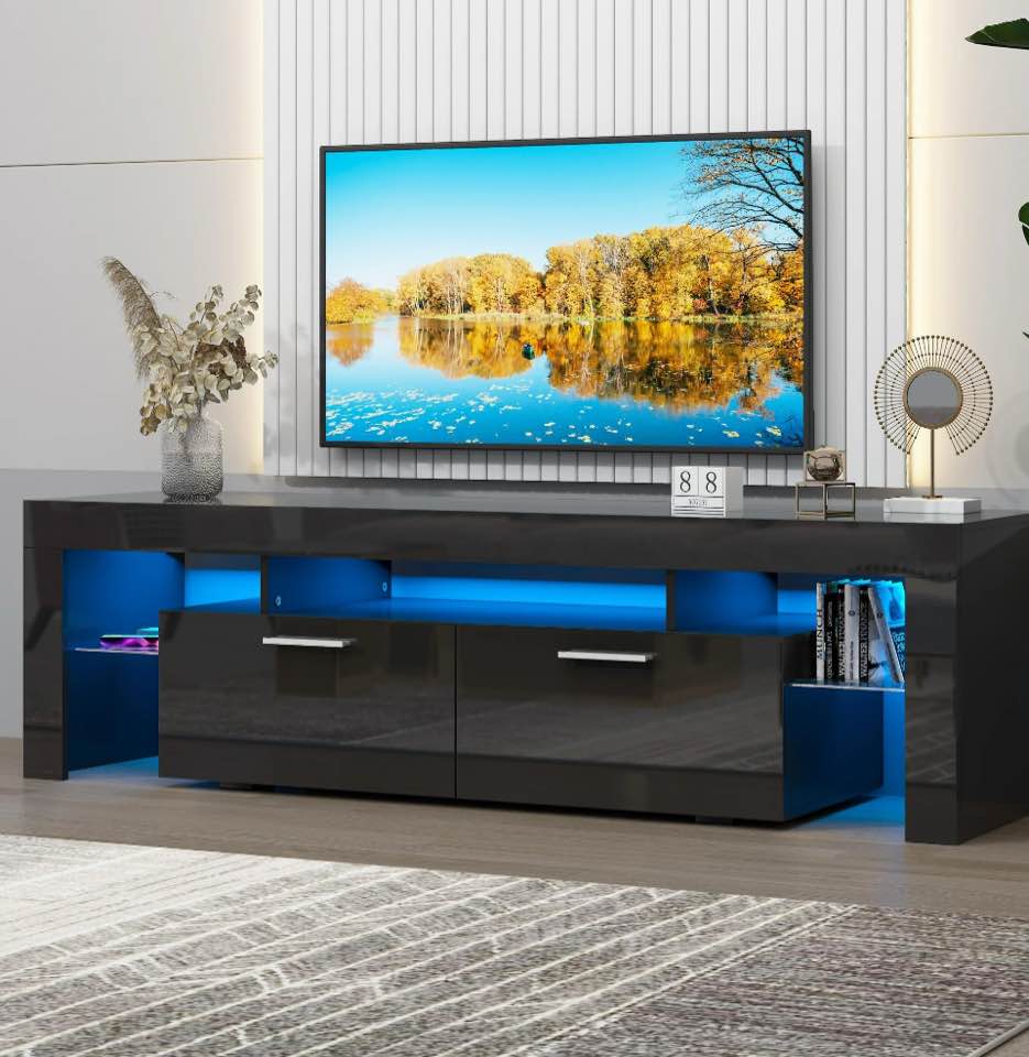 UHOMEPRO TV Stand for TV up to 70", Living Room Entertainment Center with RGB LED Lights and Storage Shelves Furniture, Black High Gloss TV Cabinet Console Table