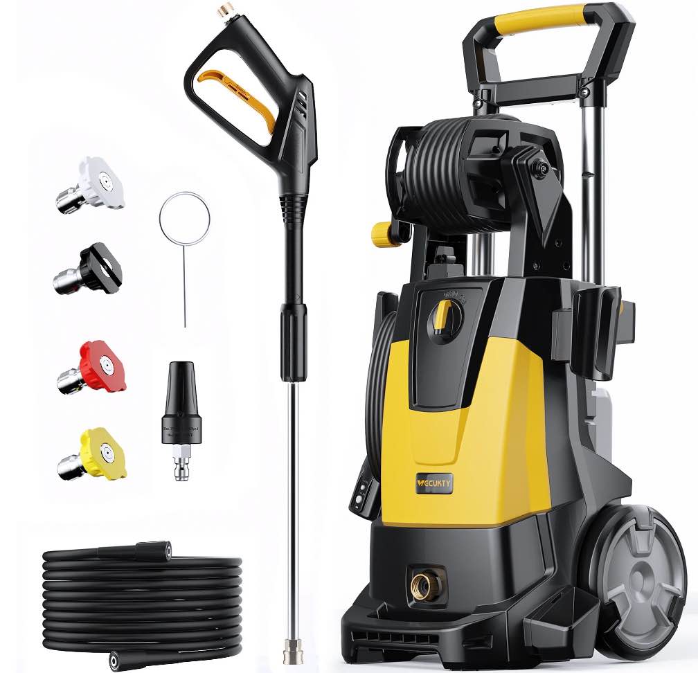 VECUKTY Electric Pressure Washer,4500 PSI Max 3.2 GPM Power Washer with 35FT Cord,20FT Hose,Retractable Handle,5 Quick Nozzles,Foam Cannon for Car Garden Patio